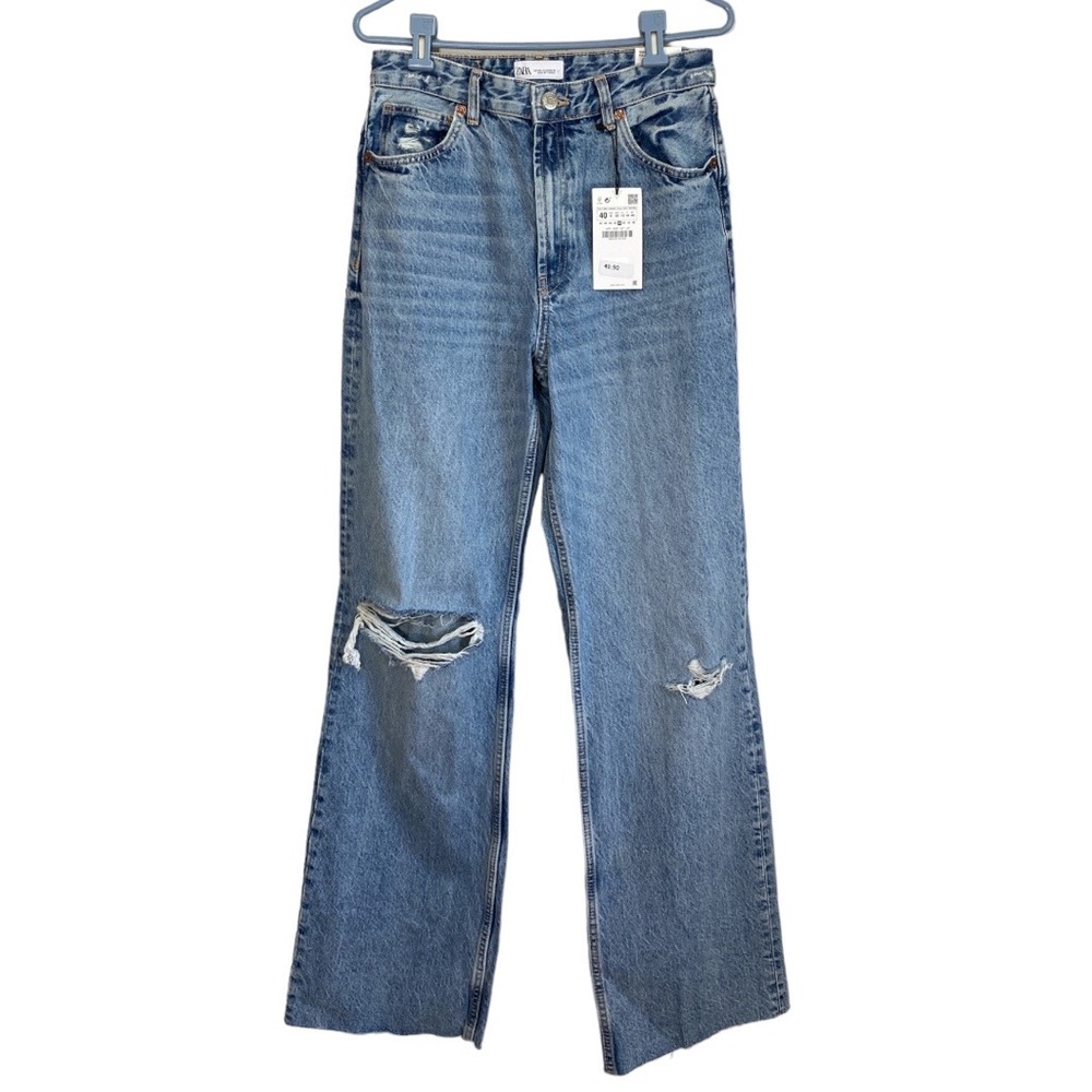NWT Zara Wide Leg Full Length Extra High Rise Distressed Denim Jean Size 8